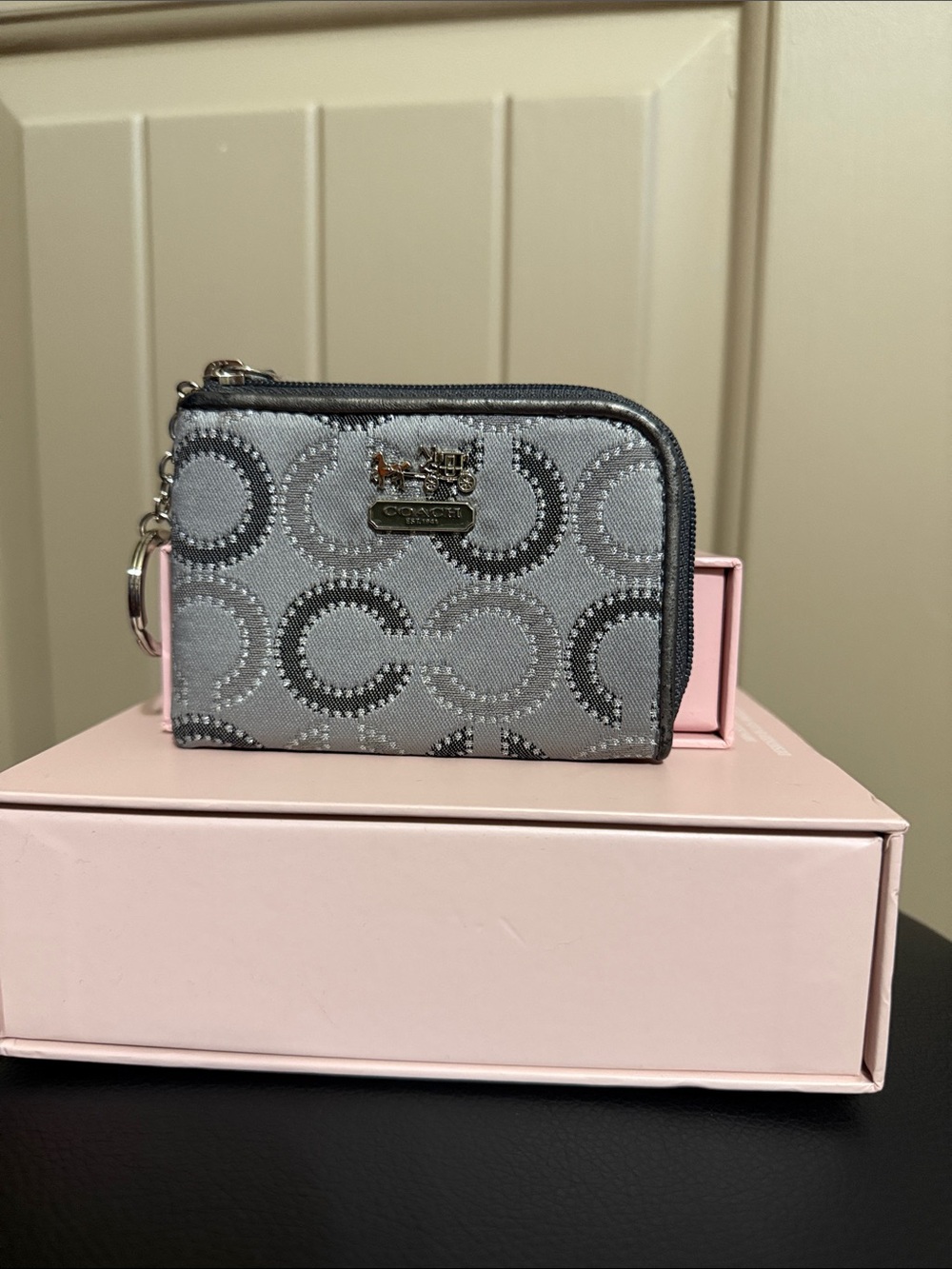 Coach Silver Gray Signature Zip Card Case Wallet